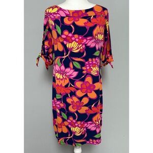 Trina Turk Floral Stretch Jersey Boatneck Mini Dress 3/4 Split Tie Sleeve Size M